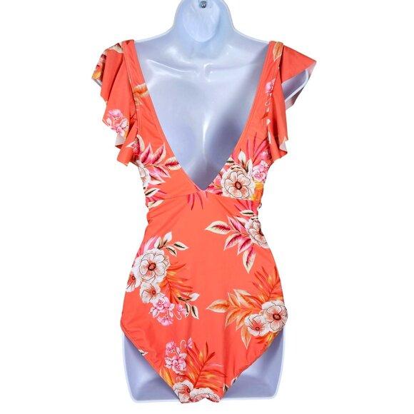 Womens Med Floral One Piece Swimsuit Ruffle Sleeves & Cutout Design V Neck Wrap - Picture 6 of 10